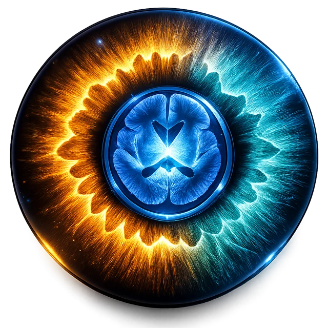 GazeAnatomy logo — an amber and cyan iris around a brain cross-section