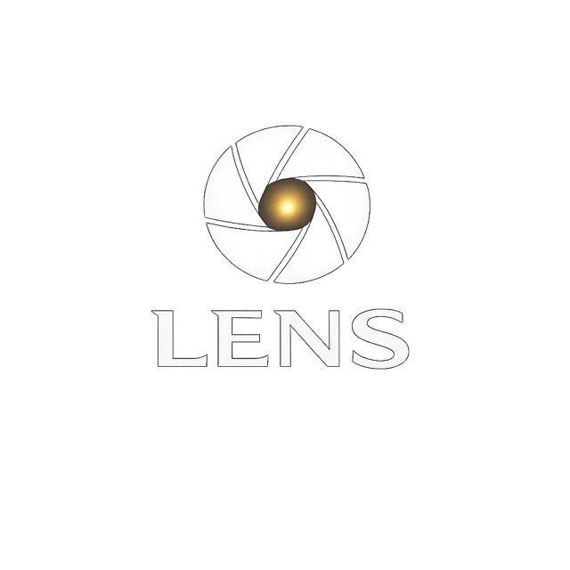 LENS logo — a camera aperture with a gold center